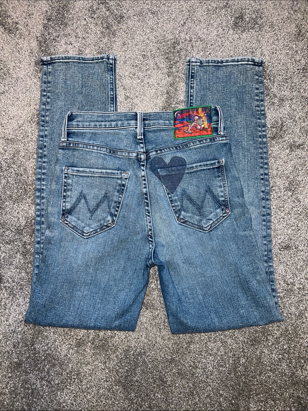 MOTHER Women Straight Leg Jeans in Blue with Dark Blue Heart Patch - Picture 2 of 7